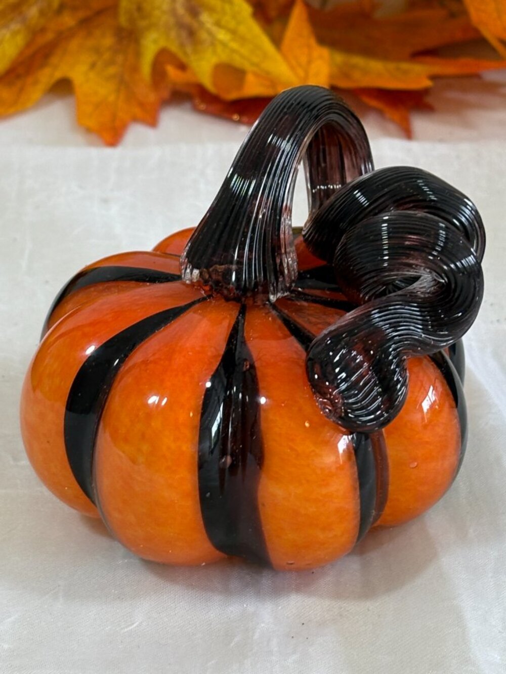 Hand Blown Art Glass Pumpkin Orange & Black Striped Designer Halloween Decor New